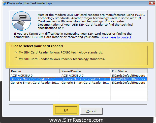 Select your card reader type